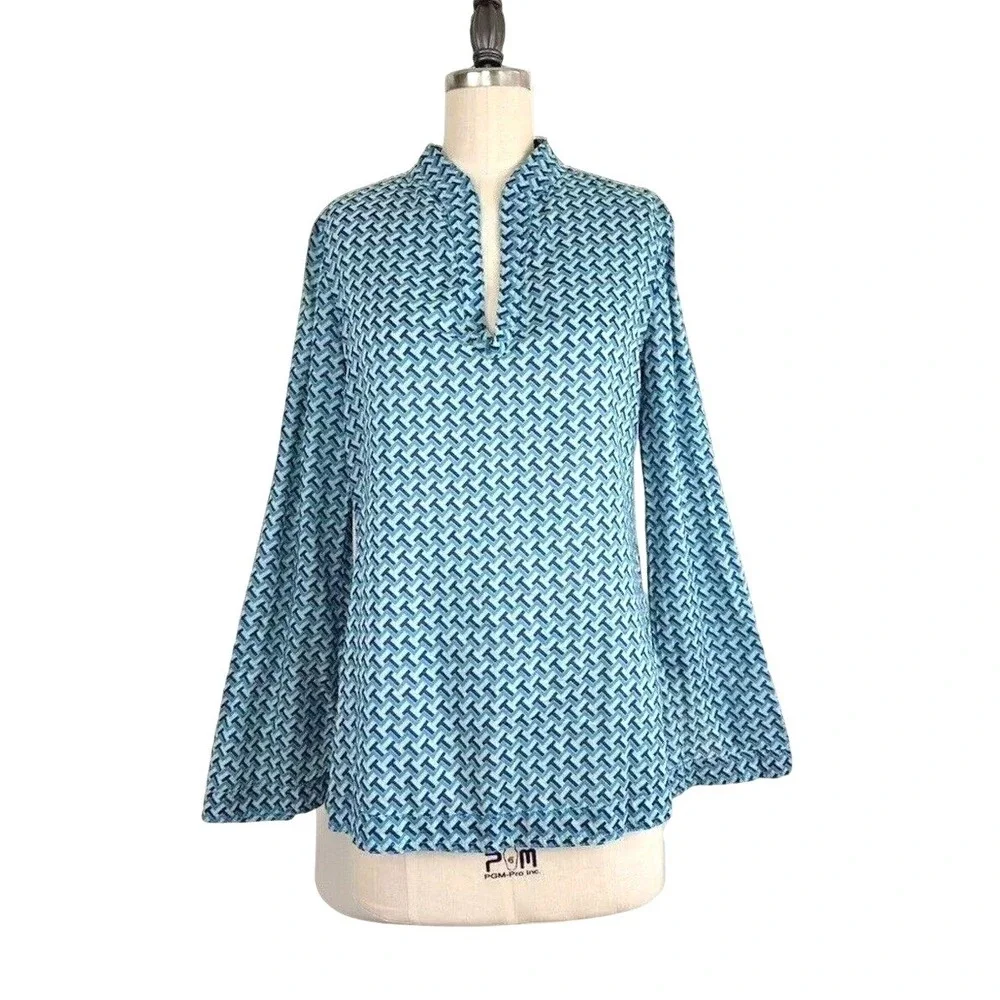 TORY BURCH Tunic Top Blouse 4 Juniper Berry T-Zag Cotton Flare Sleeve Logo